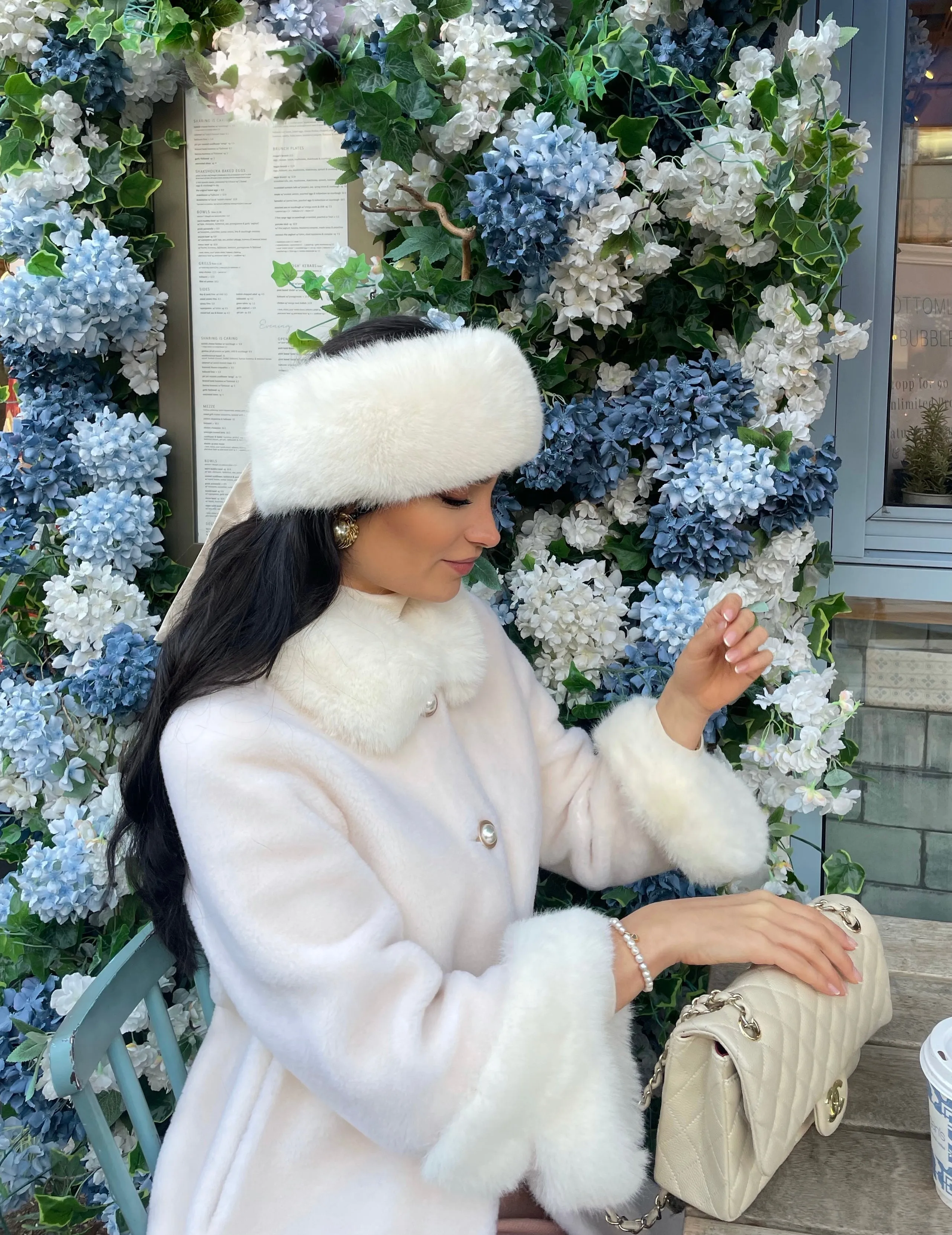 'Harlow' Faux Fur Headband with Satin Bow in Bianco