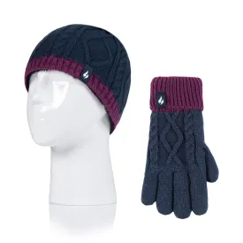 Kids Cable Knit Turn Over Hat & Gloves - Navy & Purple