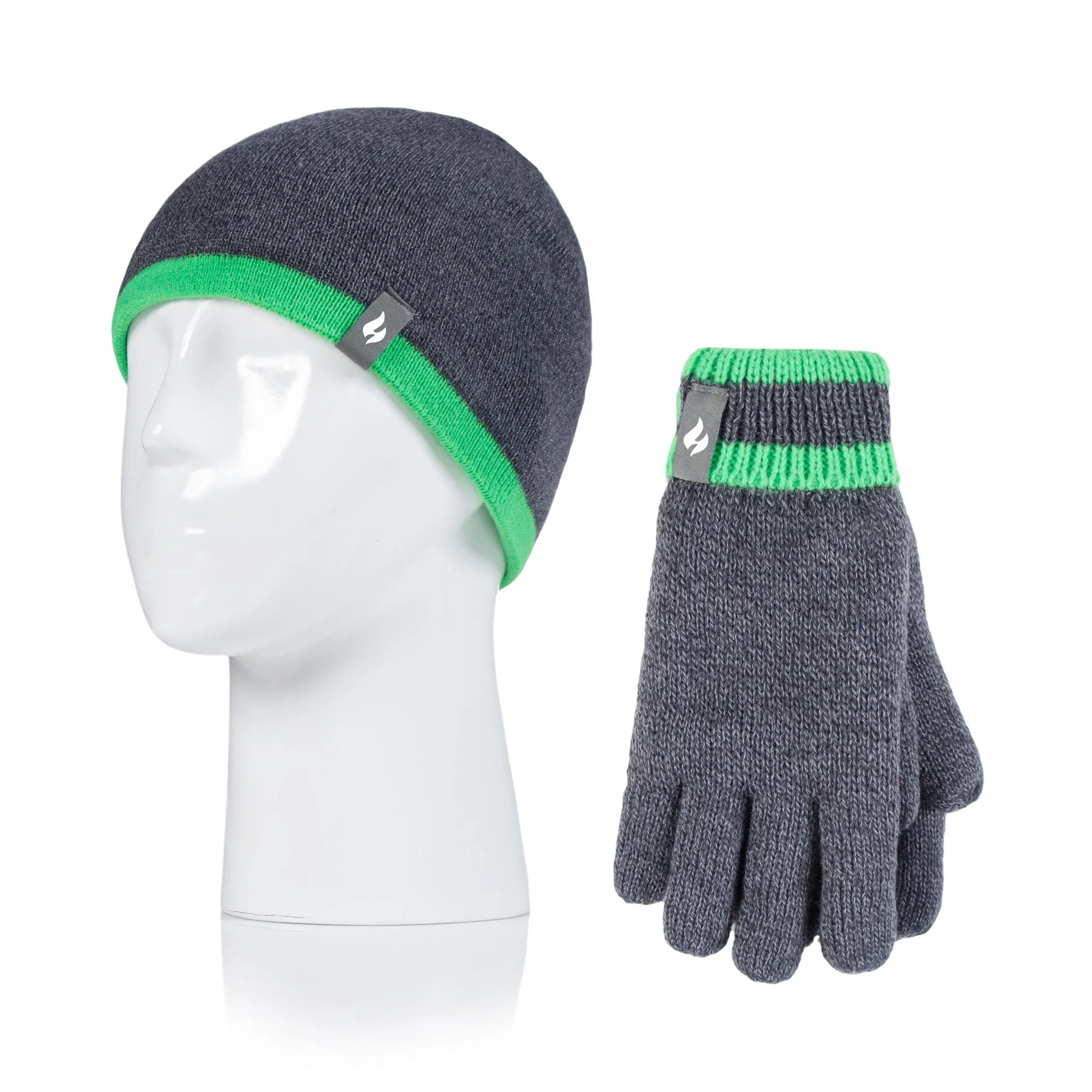 Kids Flat Knit Hat & Gloves - Grey & Green