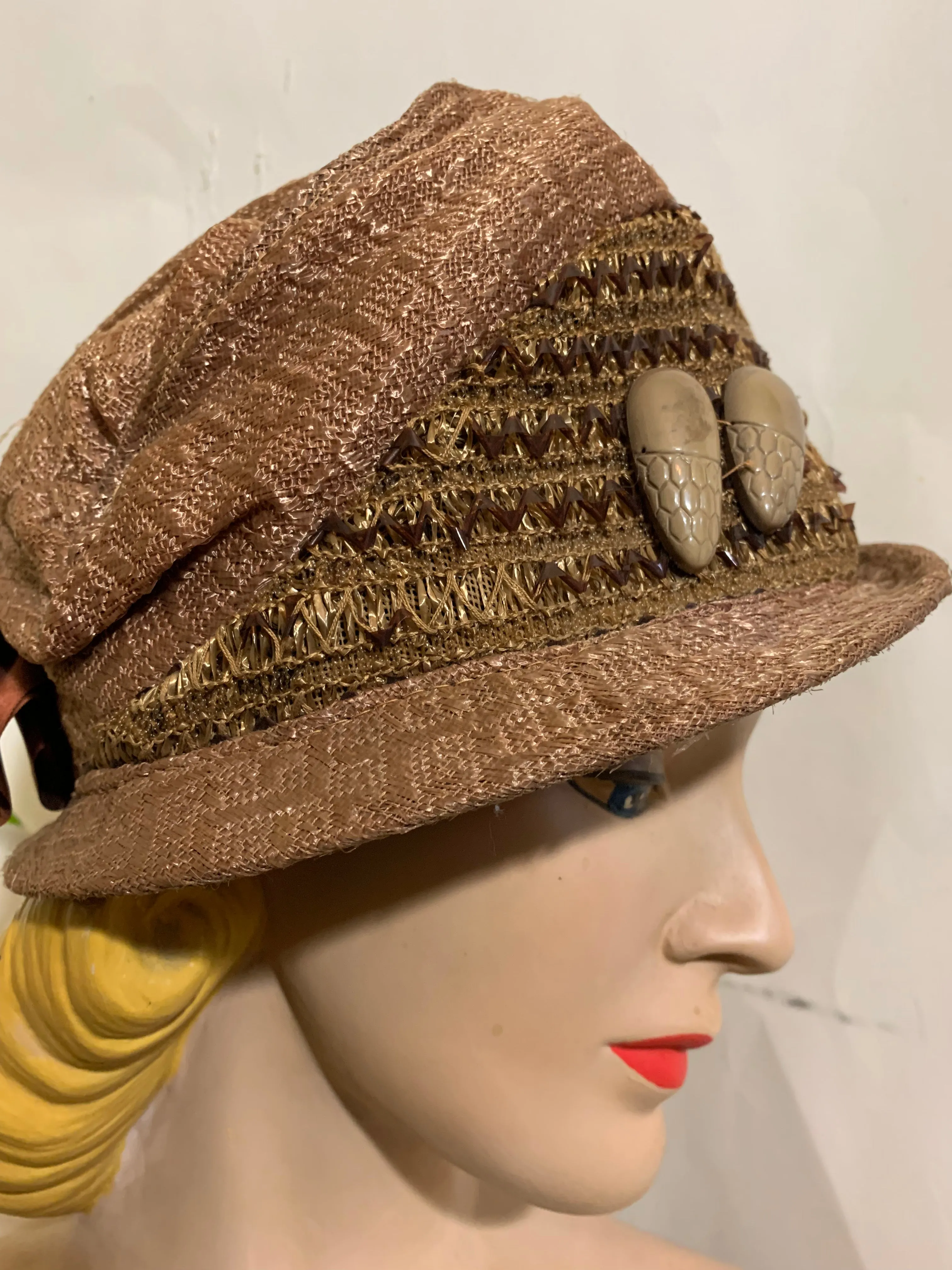 Late Teens/Early 20s Brown Ribbon and Carved Bakelite Trimmed Cloche Hat circa 1920s