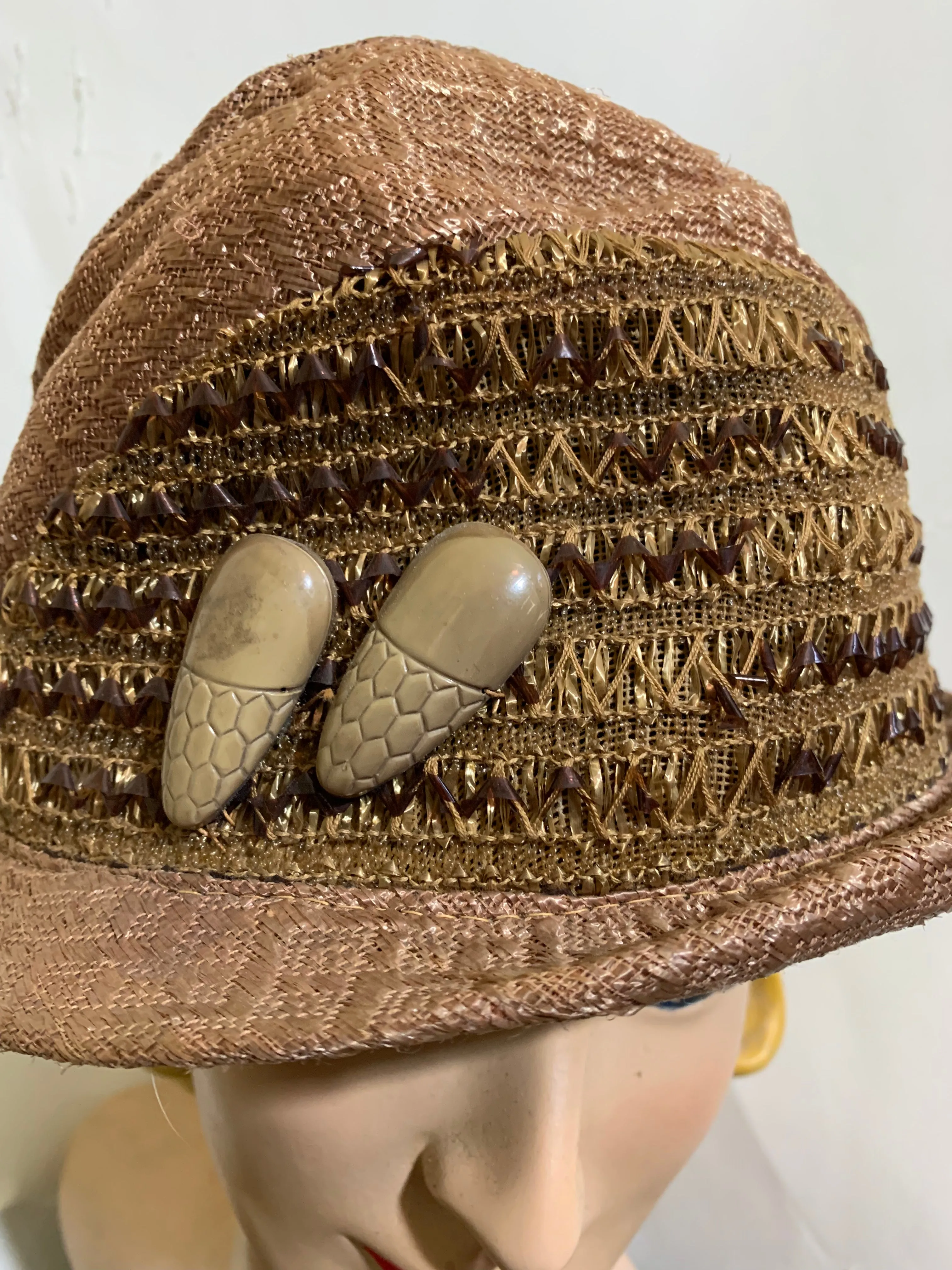 Late Teens/Early 20s Brown Ribbon and Carved Bakelite Trimmed Cloche Hat circa 1920s