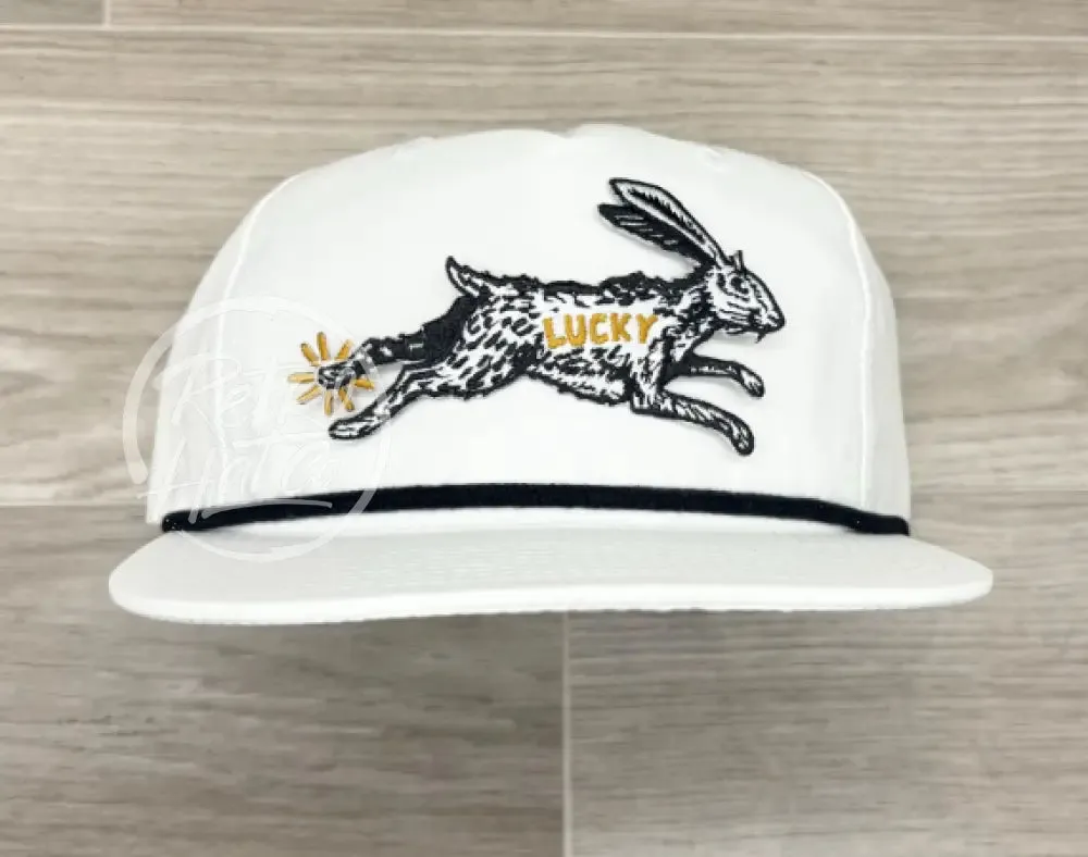 Lucky Rabbit on White Retro Hat w/Black Rope