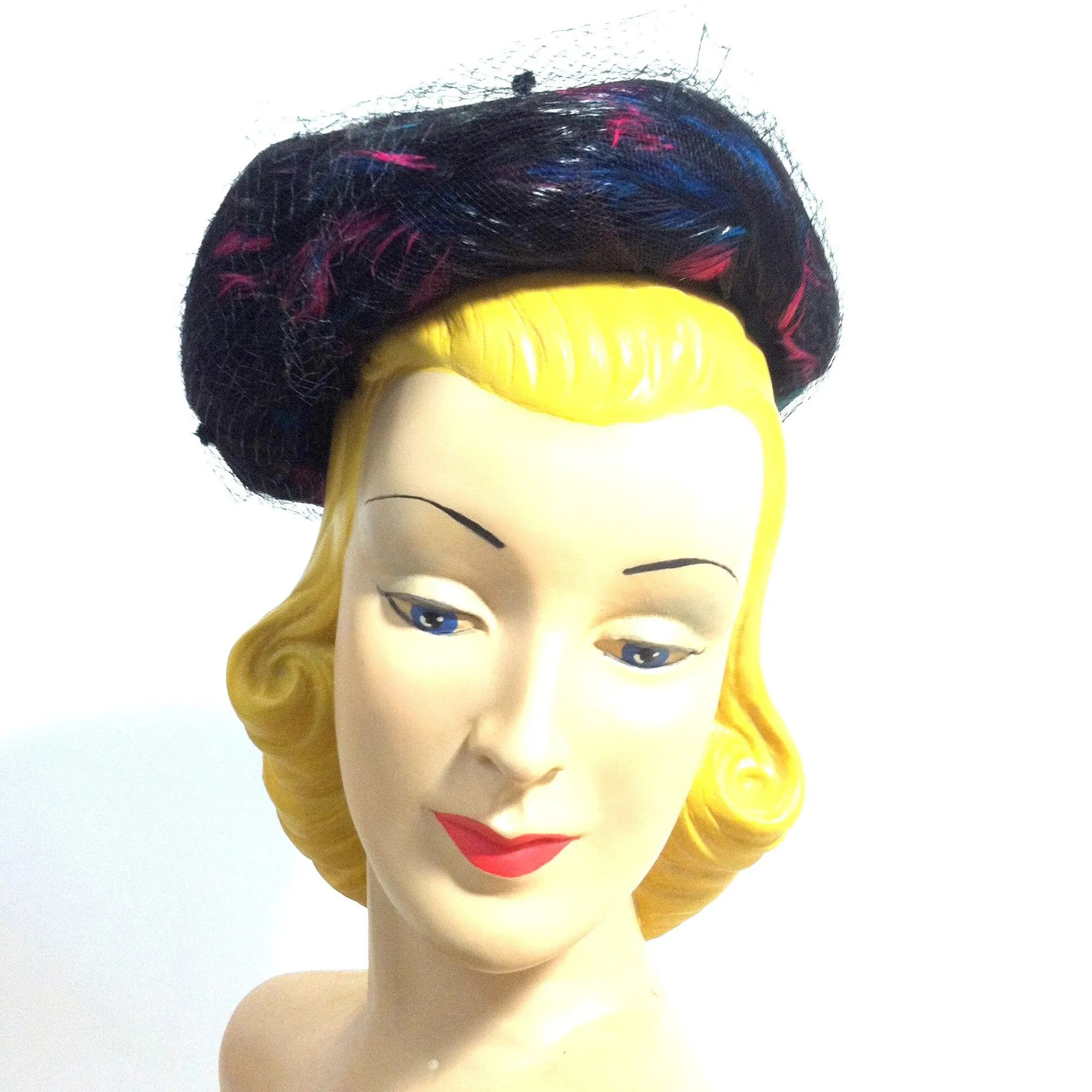 Magenta and Blue Swirled Feather Black Hat w/ Veiling circa 1960s