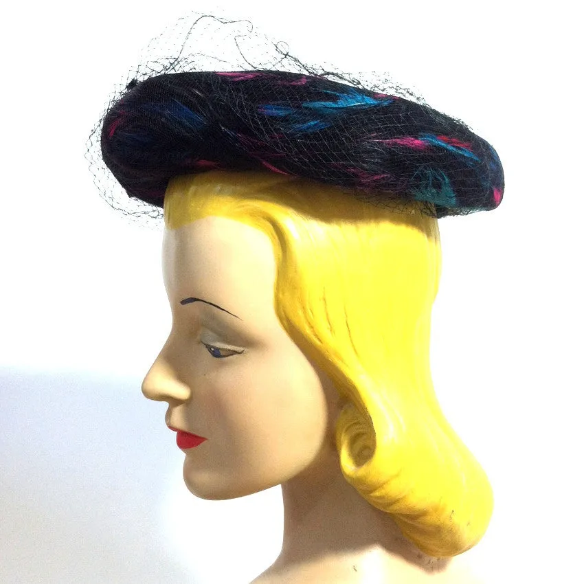 Magenta and Blue Swirled Feather Black Hat w/ Veiling circa 1960s