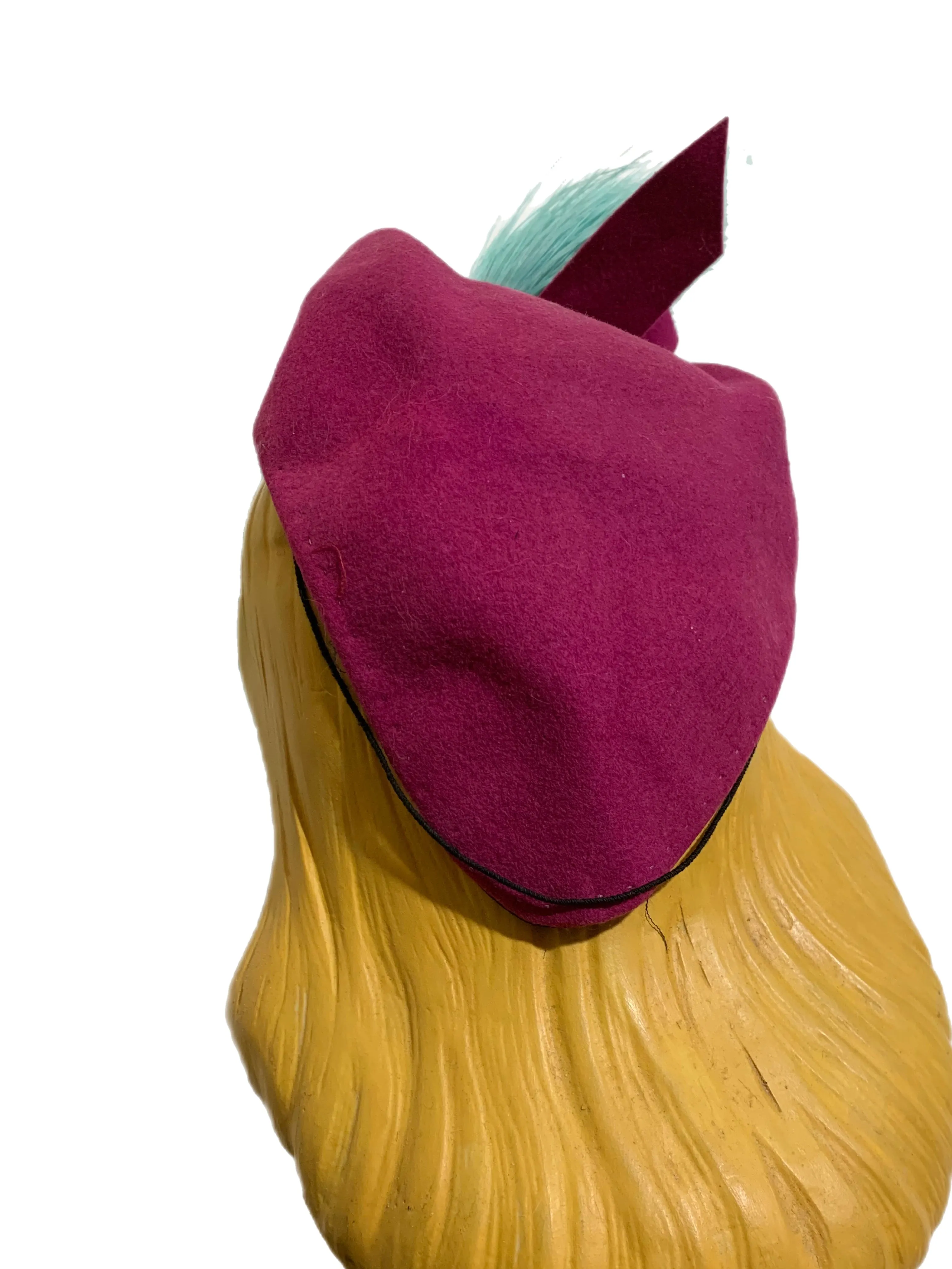 Magenta Wrap Over Pinched Front Hat with Aqua Feathers and Sequins circa 1940s