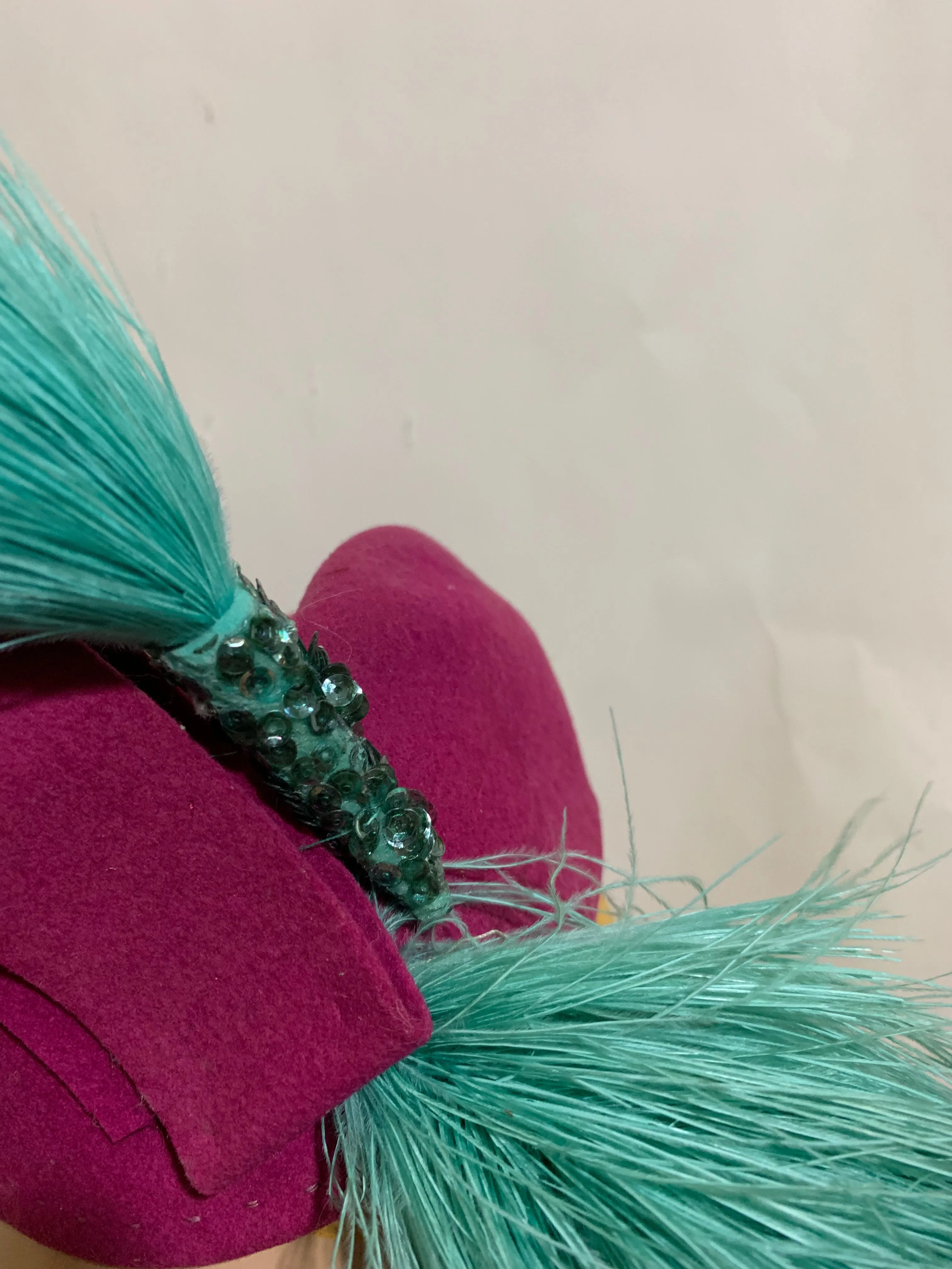 Magenta Wrap Over Pinched Front Hat with Aqua Feathers and Sequins circa 1940s