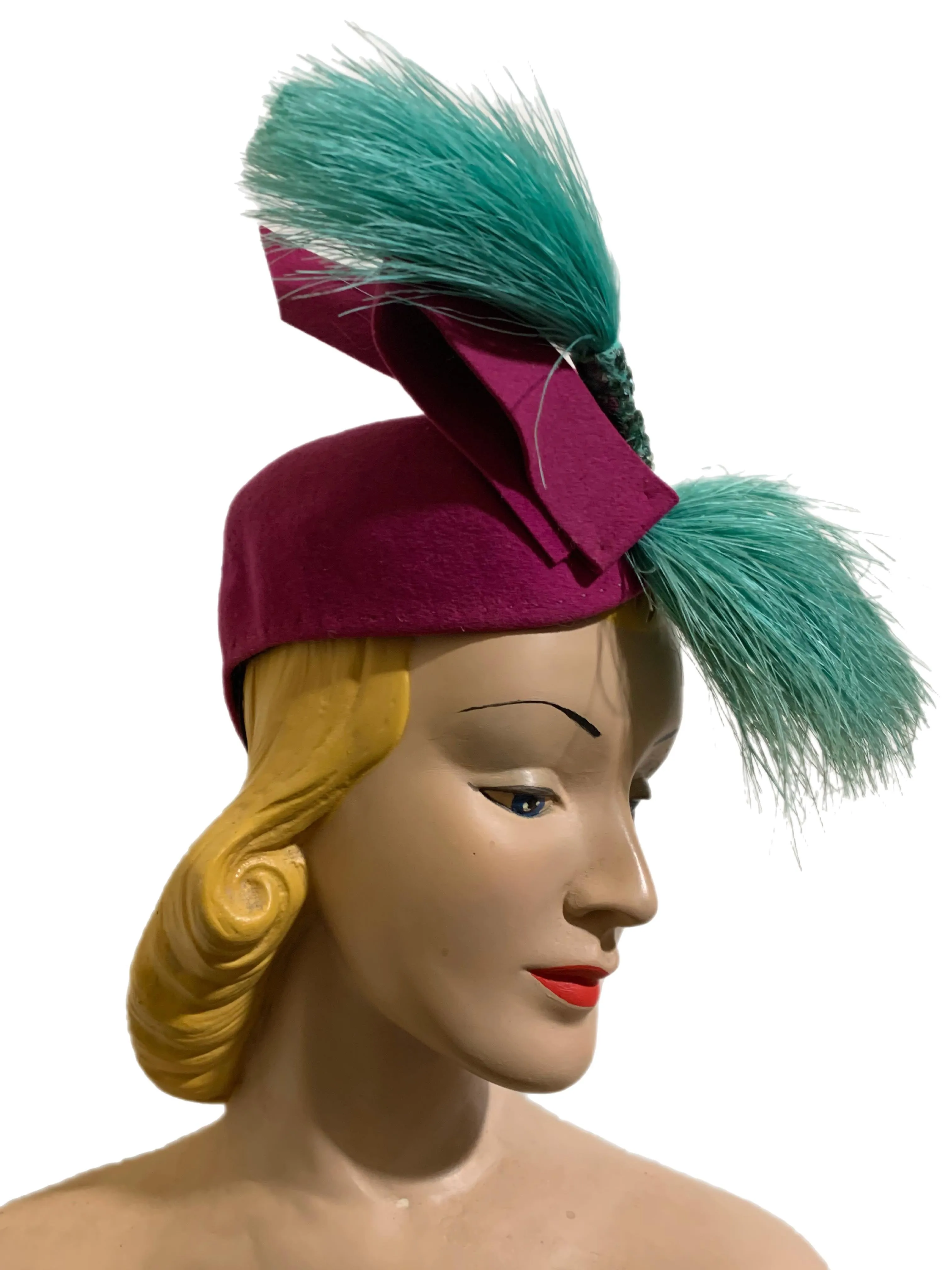 Magenta Wrap Over Pinched Front Hat with Aqua Feathers and Sequins circa 1940s