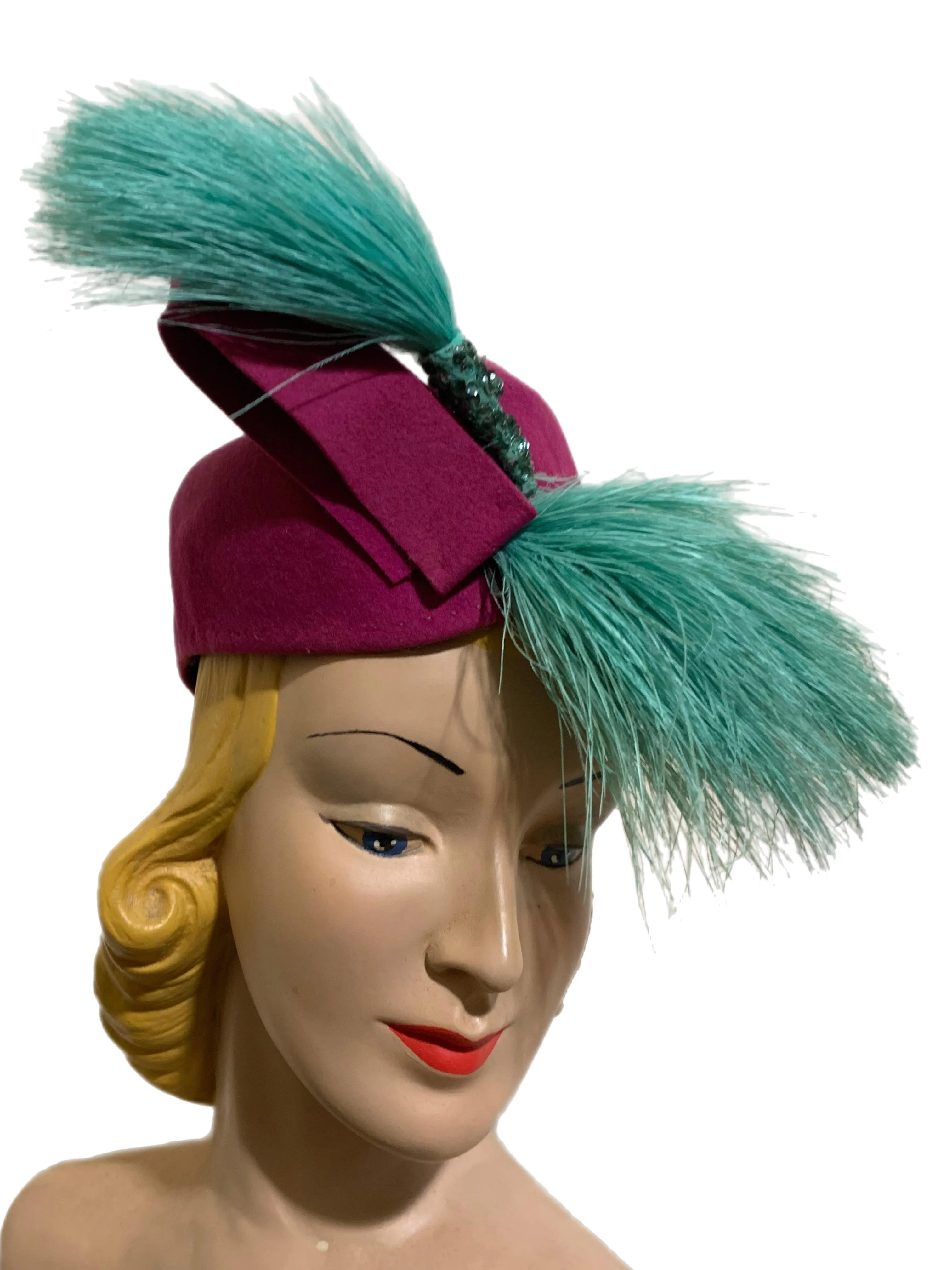 Magenta Wrap Over Pinched Front Hat with Aqua Feathers and Sequins circa 1940s