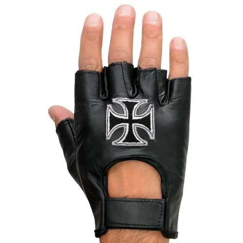 Milwaukee Leather SH354 Men's 'Iron Cross' Black Leather Fingerless Gloves