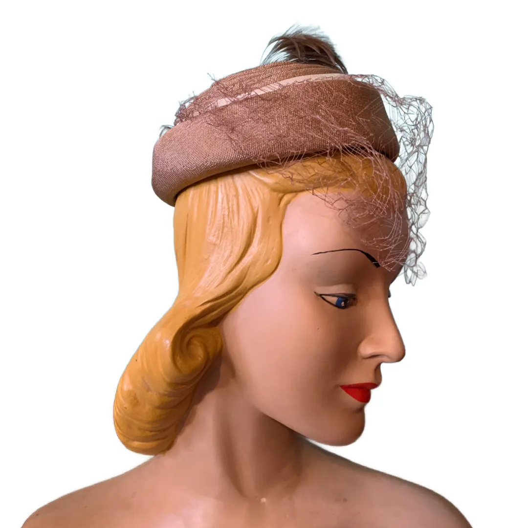 Natural Pill Box Hat with Happy Feather Plume Stem circa 1960s