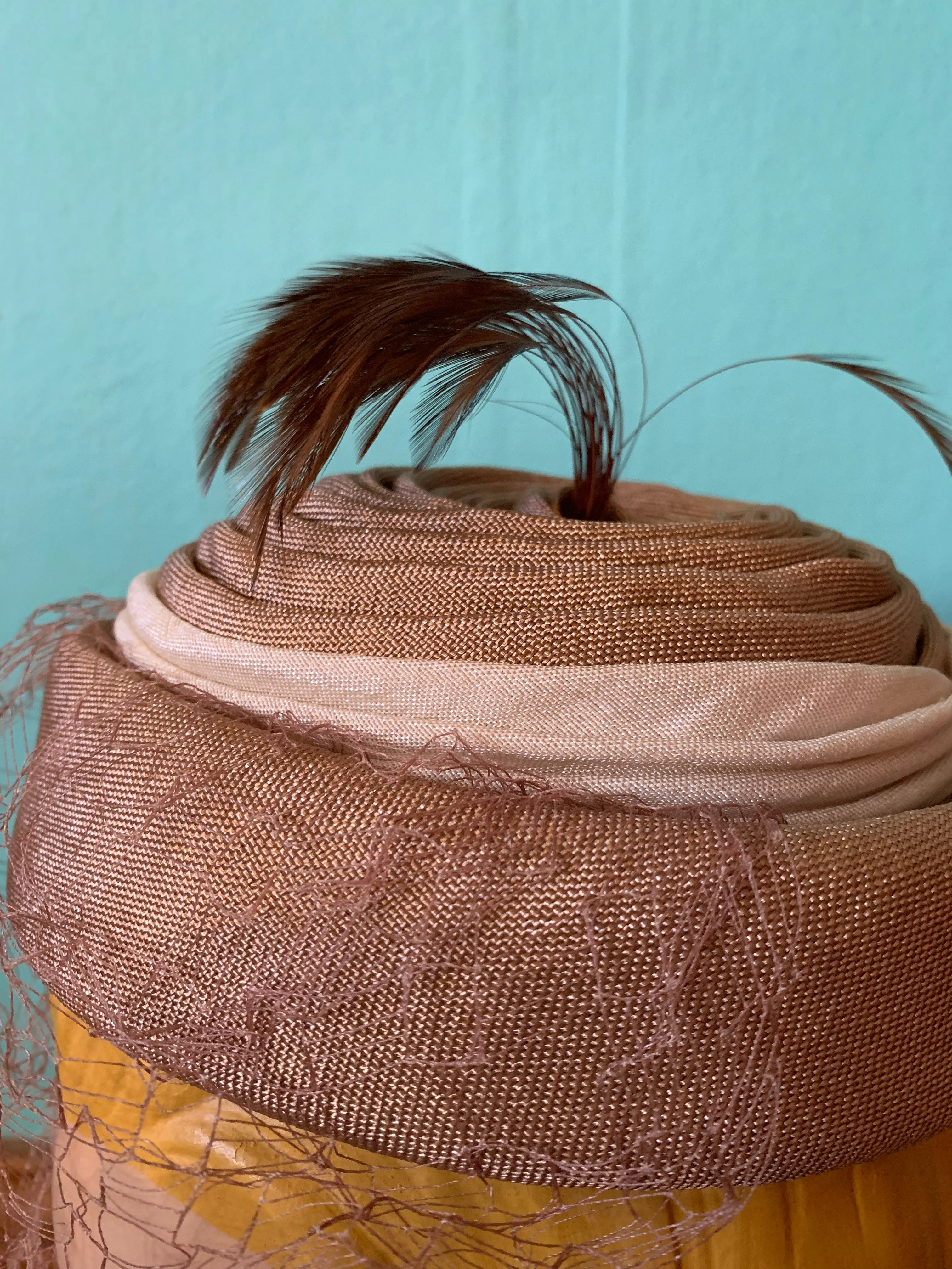 Natural Pill Box Hat with Happy Feather Plume Stem circa 1960s