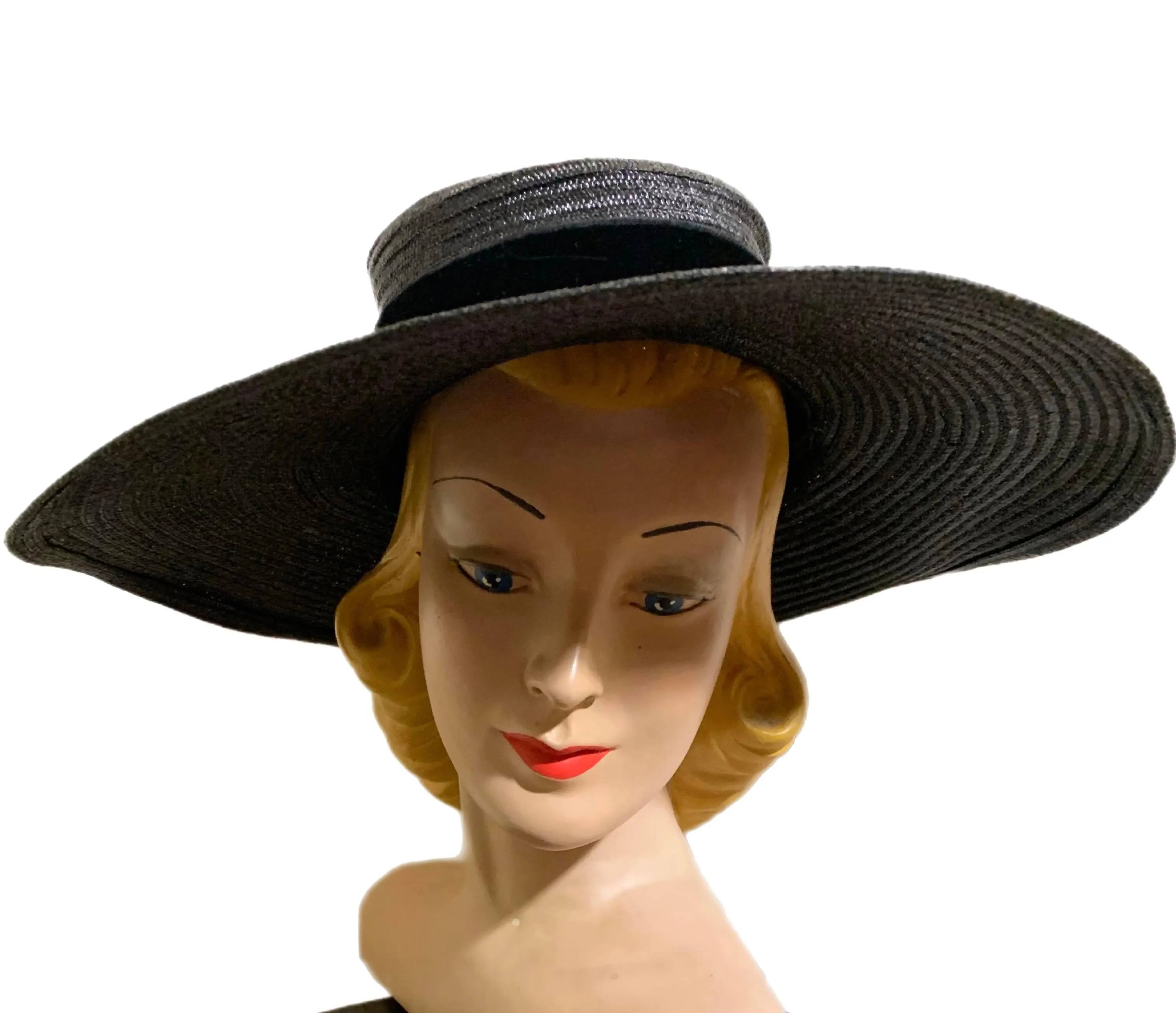 Panther Black Wide Brim Portrait Hat with Velvet Bow circa 1940s