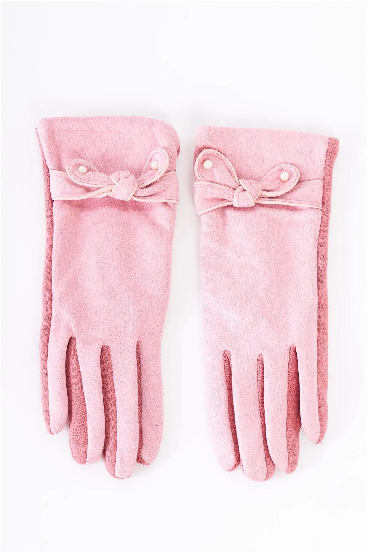 Pink Faux Suede Pearl Bow Detail Winter Gloves /3 Pieces