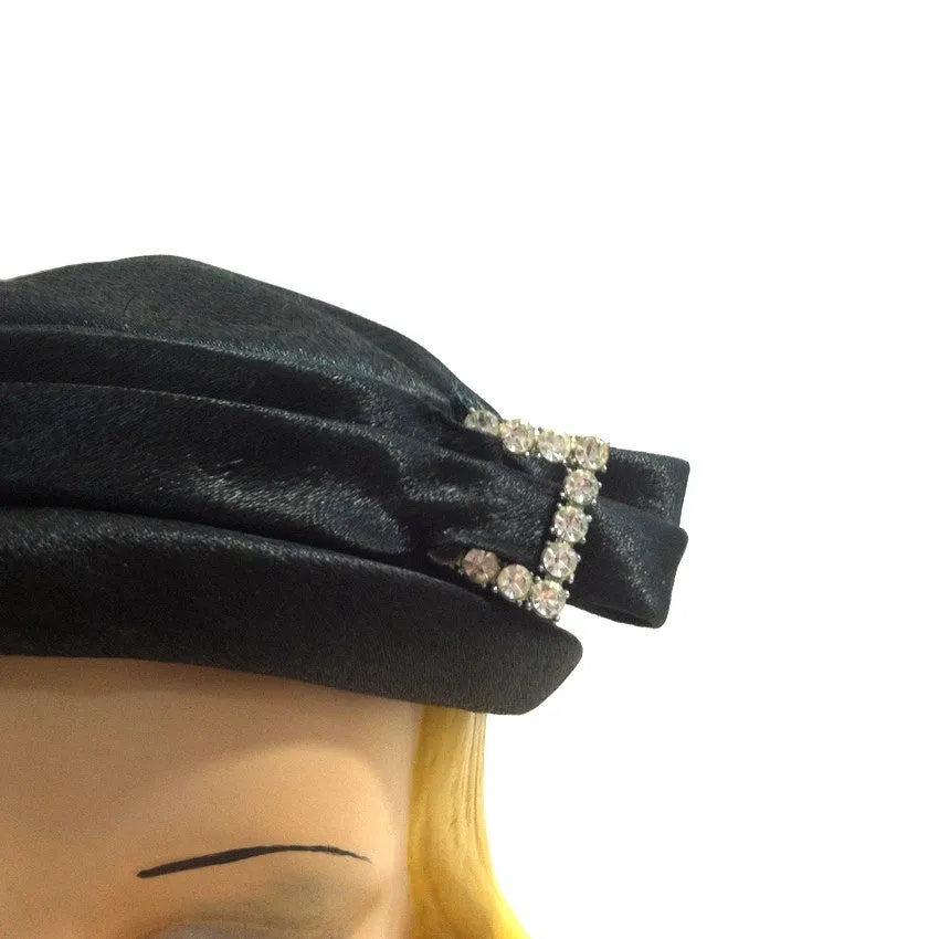 Rhinestone Buckle Trimmed Black Pillbox Hat circa 1960s