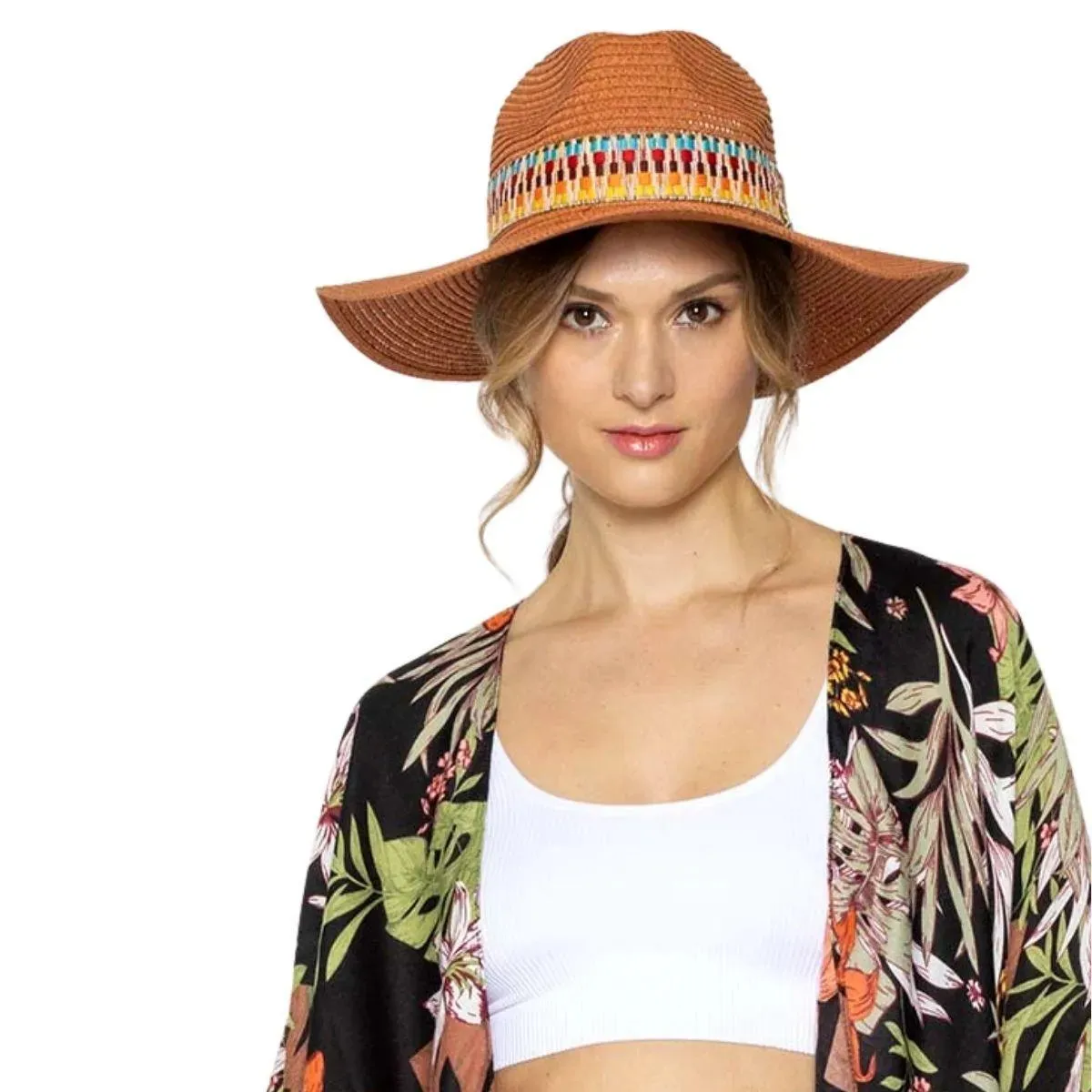 Rust Color Panama Hat Aztec Band