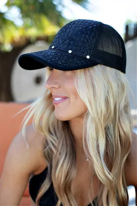 Straw and Mesh Baseball Hat in Black