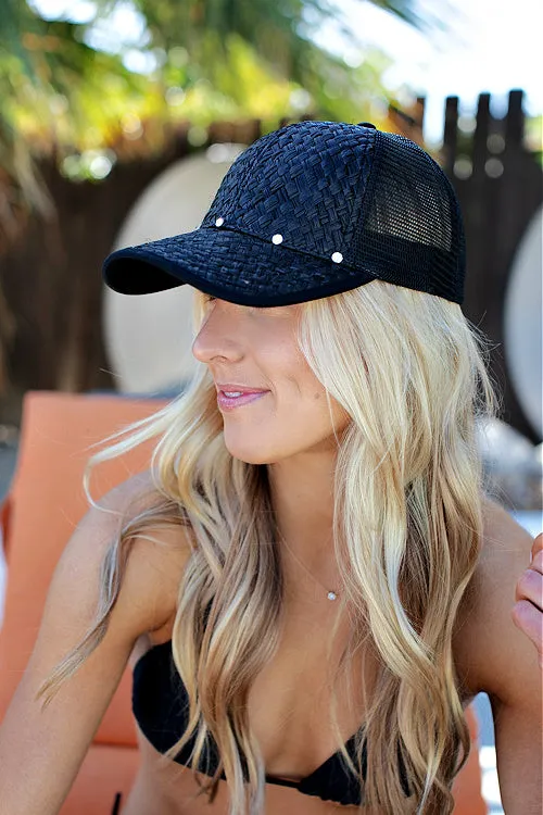 Straw and Mesh Baseball Hat in Black