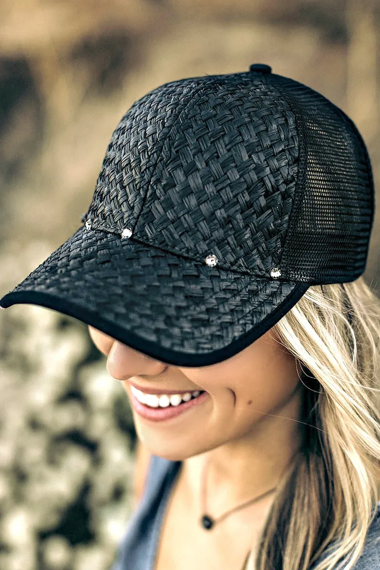 Straw and Mesh Baseball Hat in Black