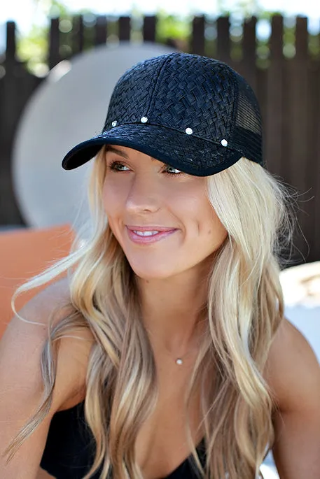 Straw and Mesh Baseball Hat in Black