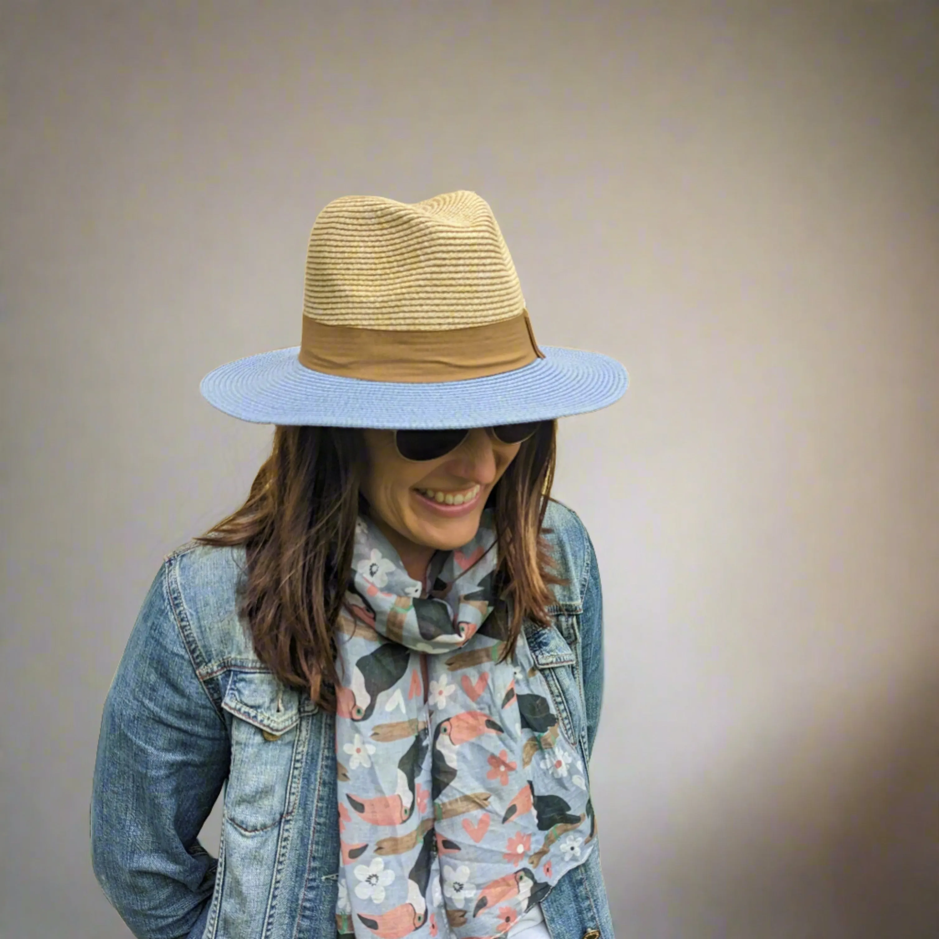 Two Tone Folding Panama Sun Hat - Blue (57cm)