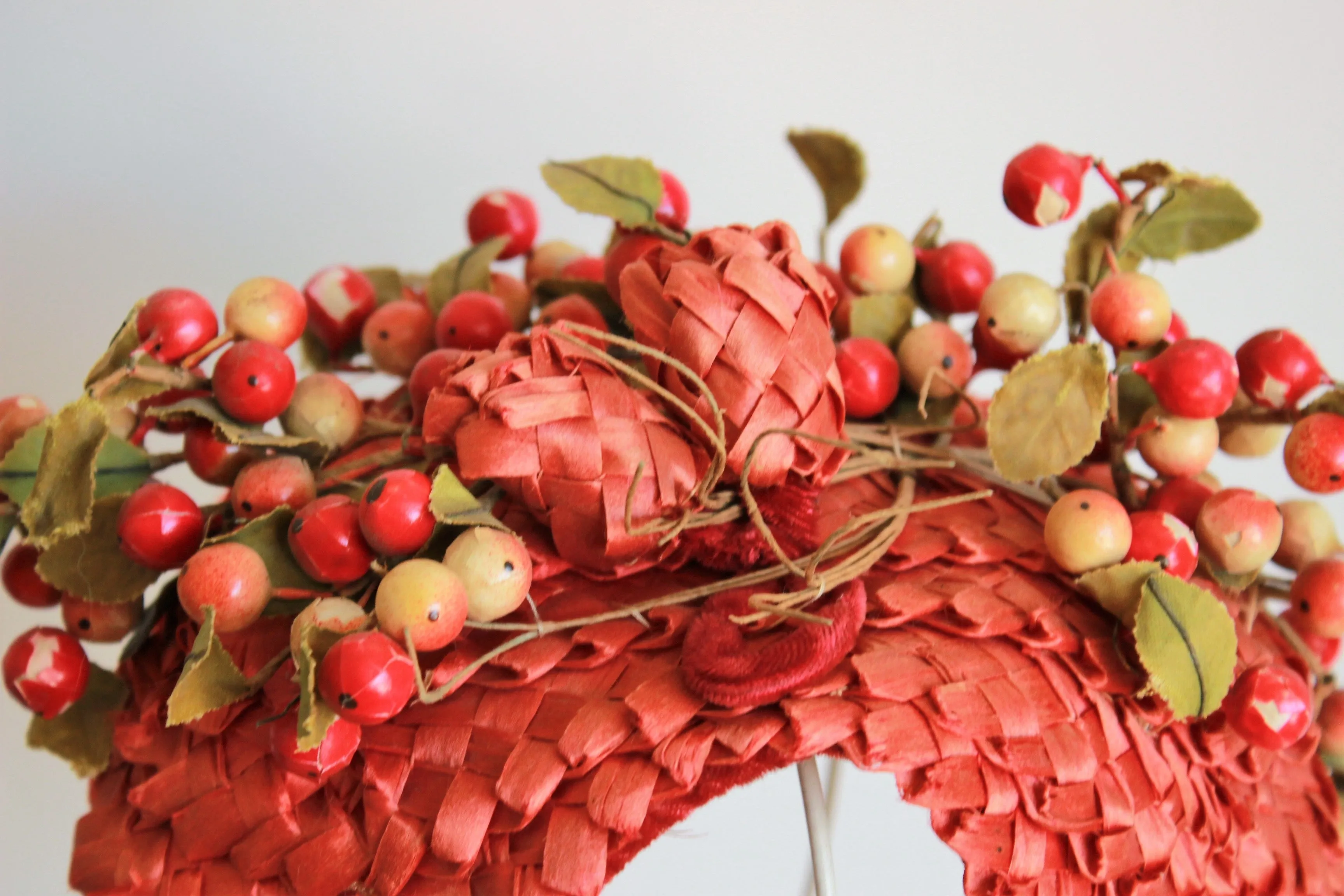 Vintage 1940s Curvette Hat in Red Straw with Berries and Flowers