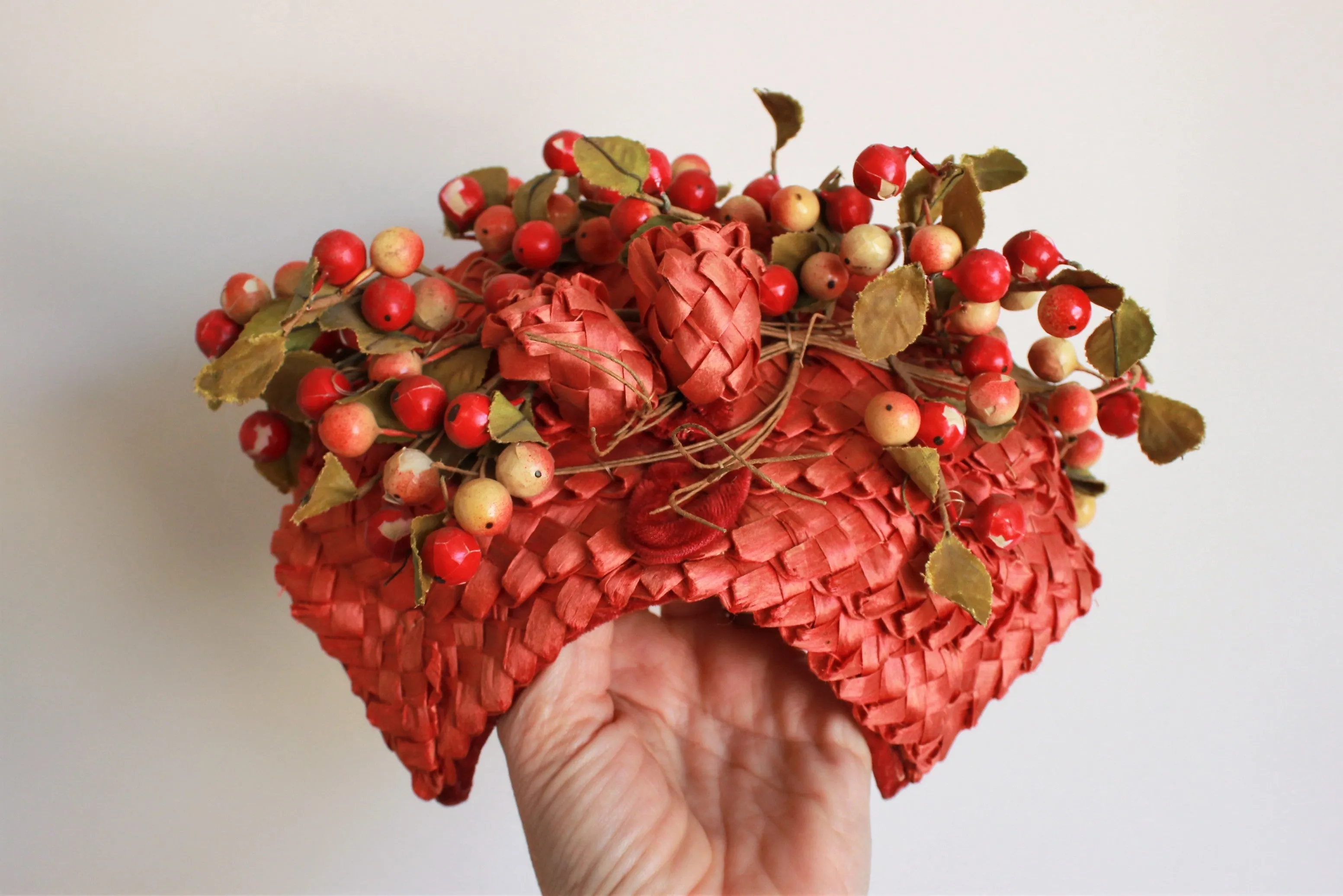 Vintage 1940s Curvette Hat in Red Straw with Berries and Flowers