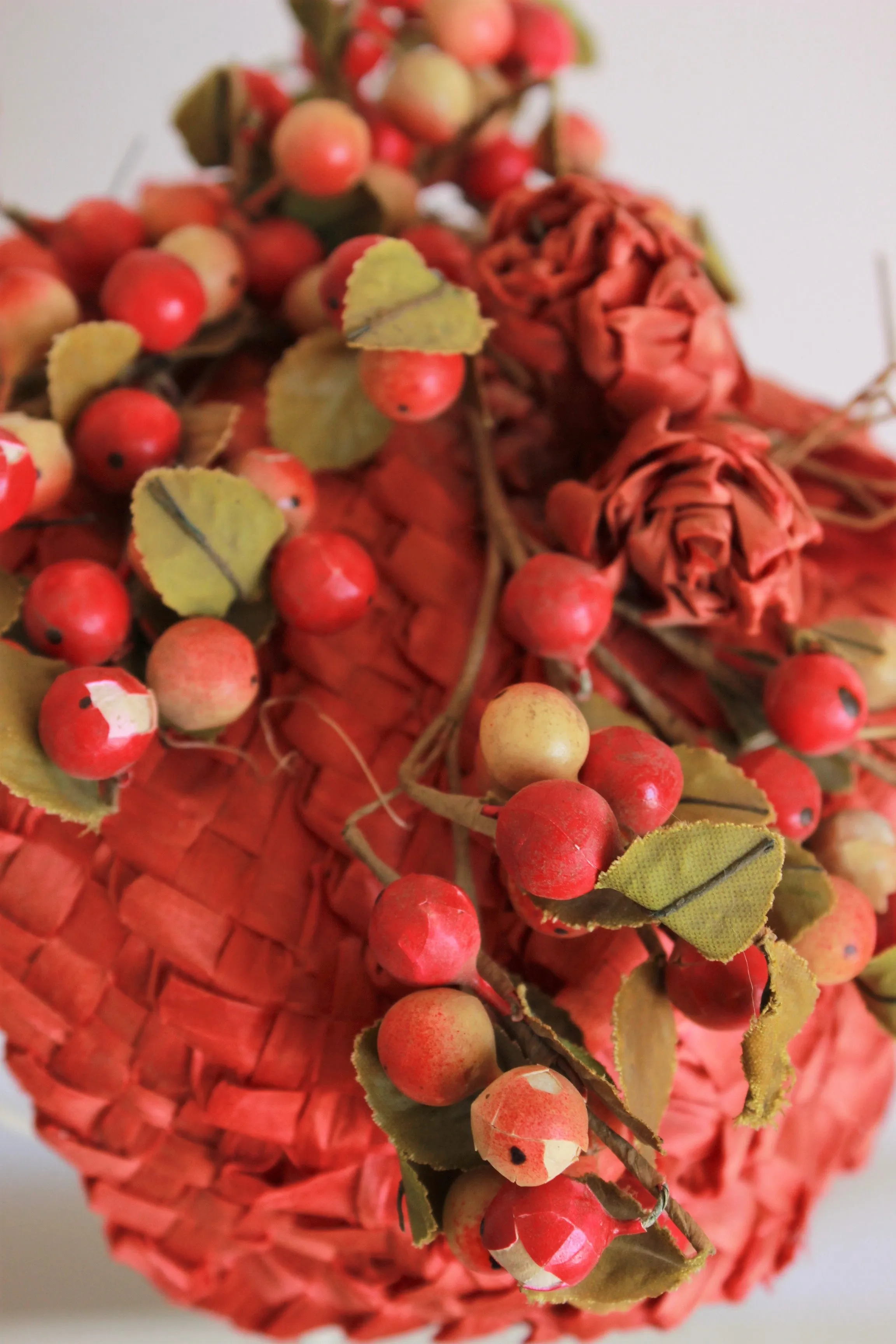 Vintage 1940s Curvette Hat in Red Straw with Berries and Flowers