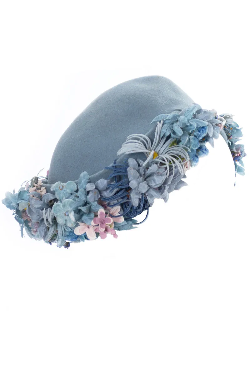 Vintage 1940s I Magnin blue wool felt hat with flowers