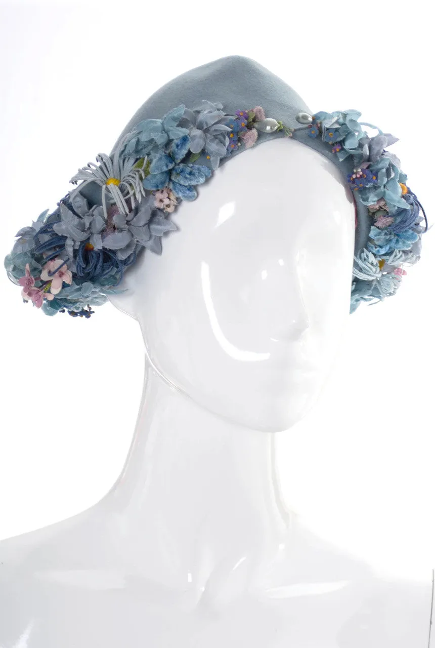 Vintage 1940s I Magnin blue wool felt hat with flowers