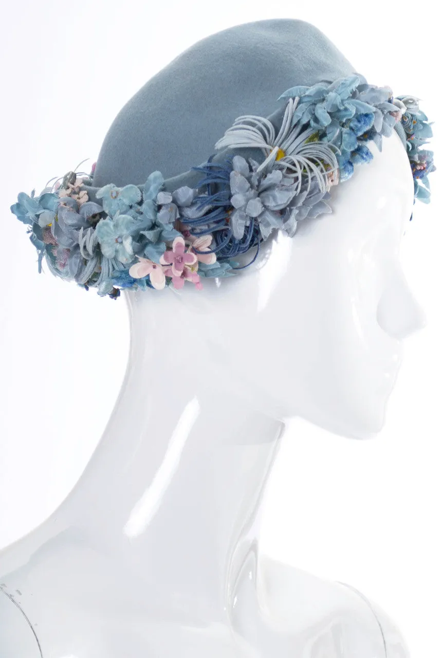 Vintage 1940s I Magnin blue wool felt hat with flowers