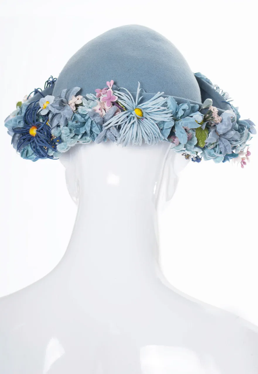 Vintage 1940s I Magnin blue wool felt hat with flowers