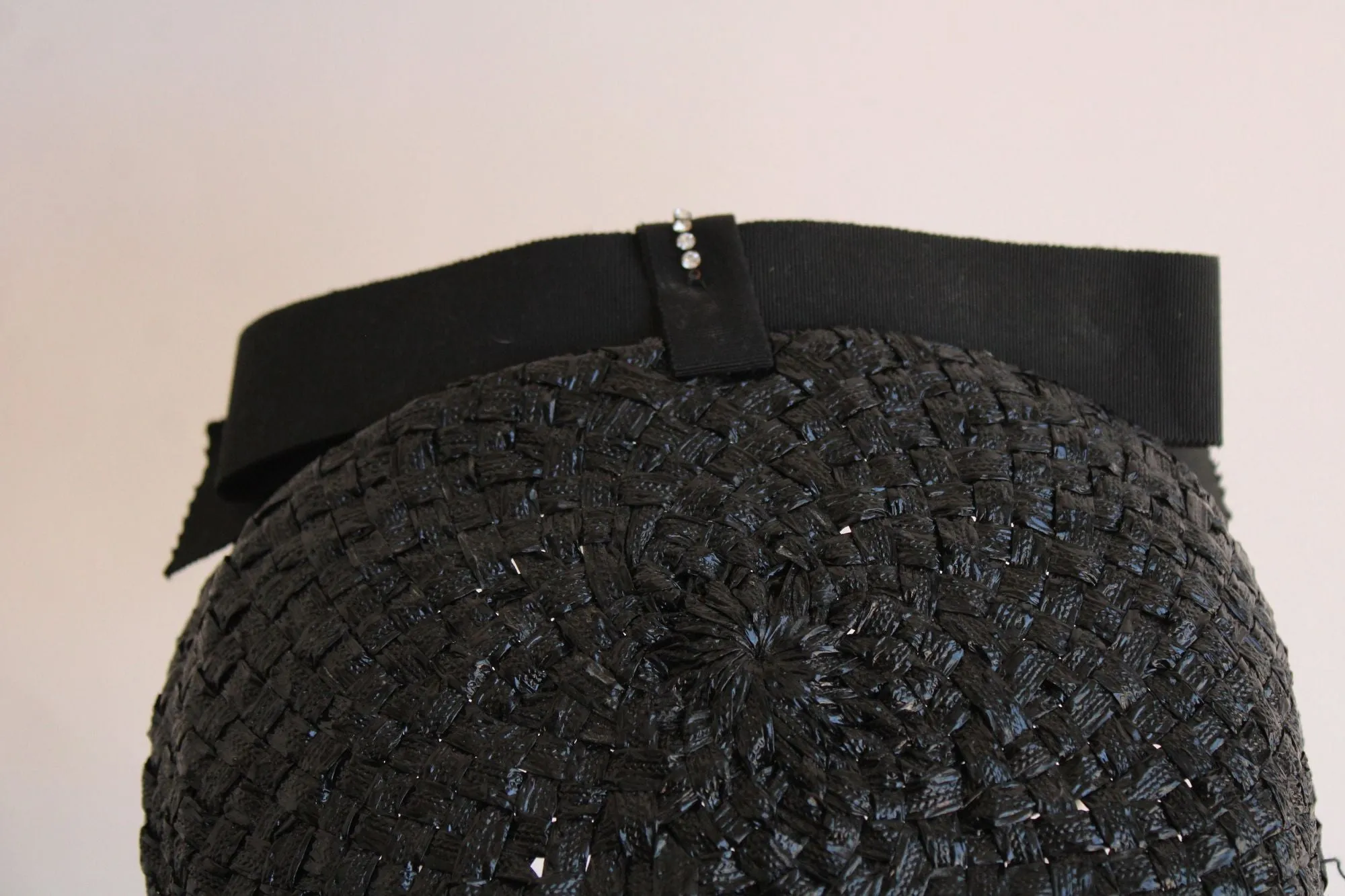 Vintage 1950s Black Straw Hat with Grosgrain Ribbon Bow and Rhinestones