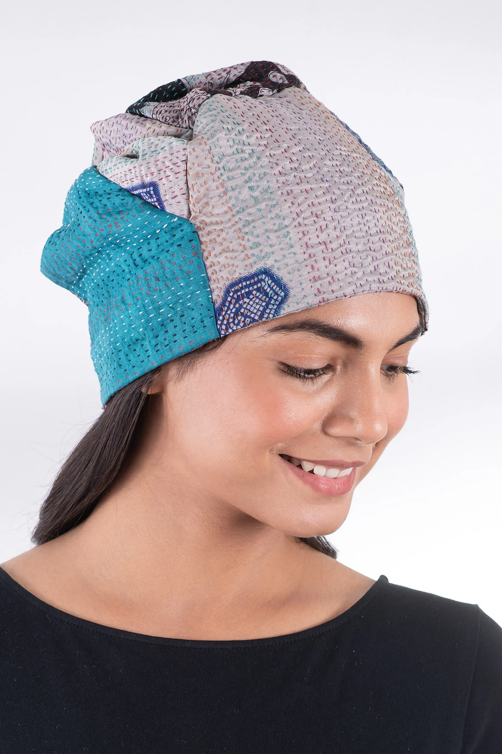 VINTAGE SILK KANTHA PATCHWORK HAT - sv2880-gry -