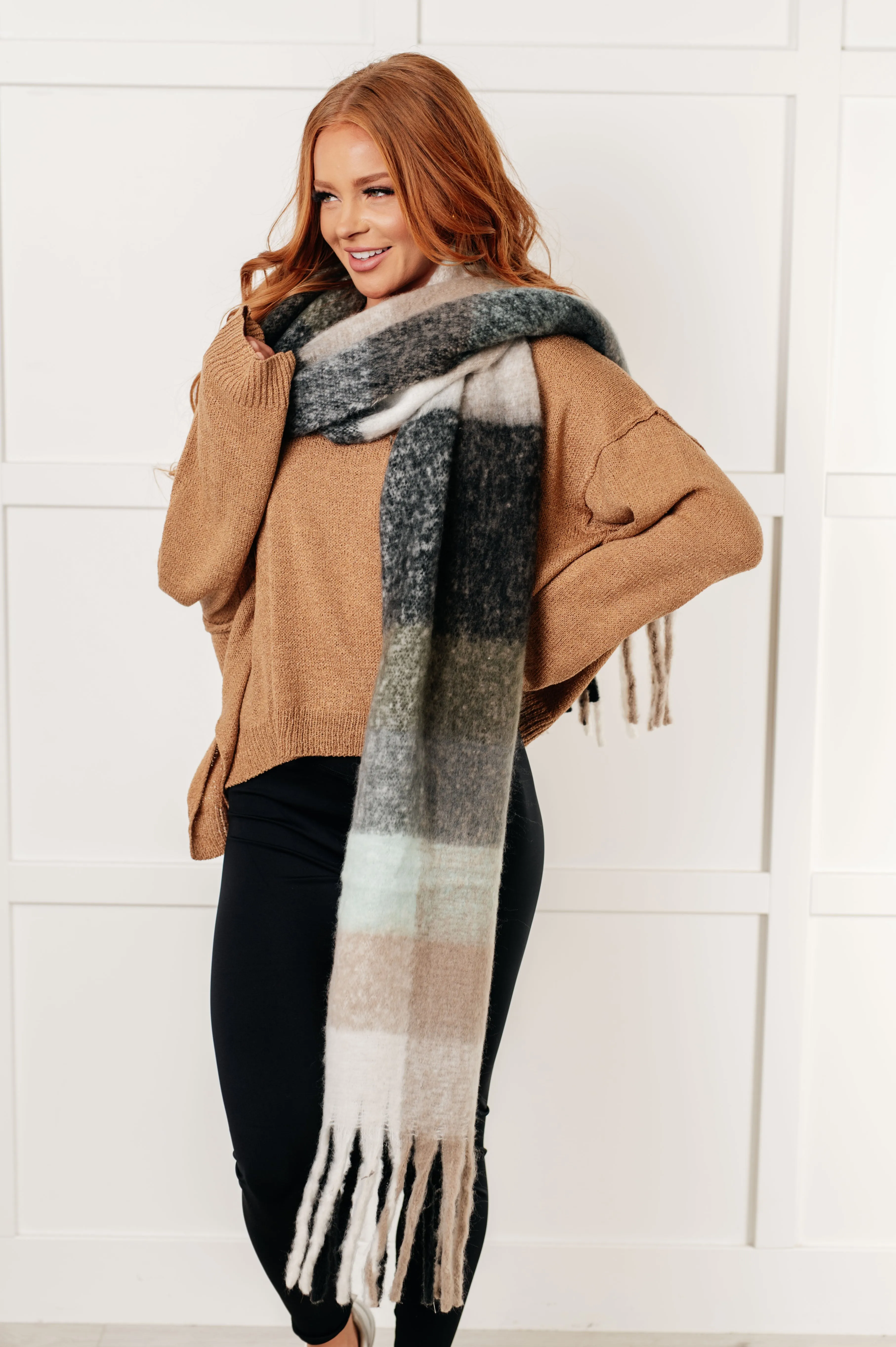 Wanderlust Wrap Oversized Plaid Fringe Scarf in Grey and Jade