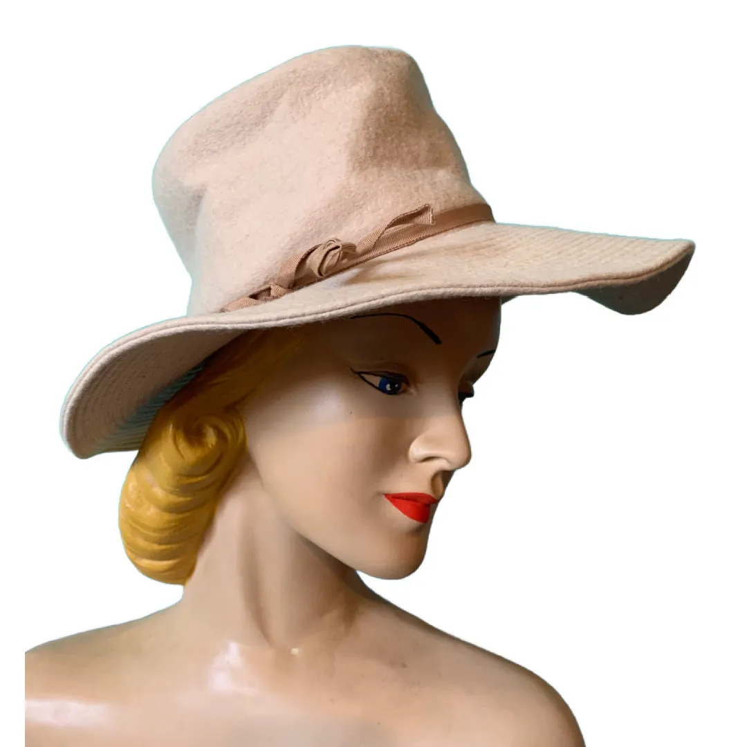 Winter White Felted Wool Wide Brim Hat with Tan Bow circa 1970s